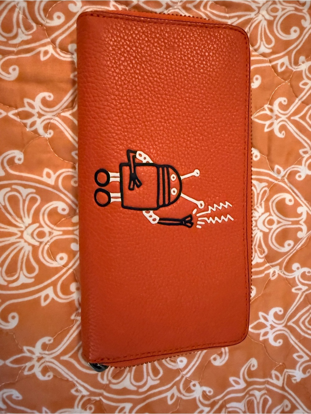 Coach x Keith Haring Robot Accordion Zip Wallet Orange Pebbled Leather 11805